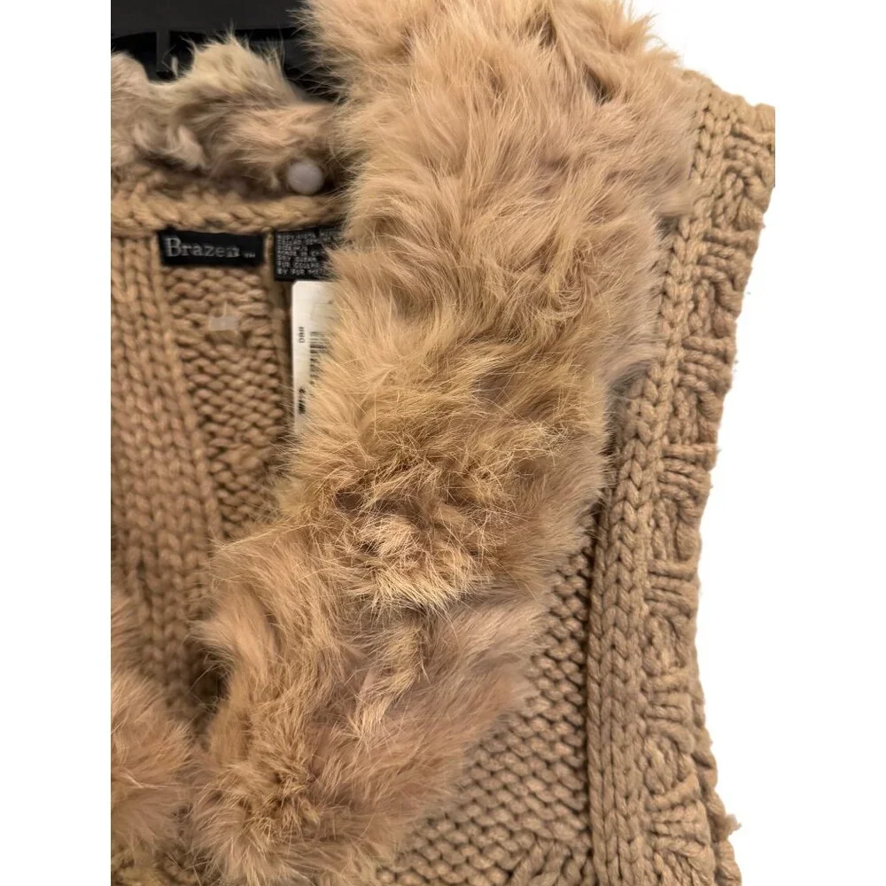 Vintage Brazen Womens Beige Knit Vest W/ Genuine Rabbit Fur Collar Sz S - Picture 7 of 8
